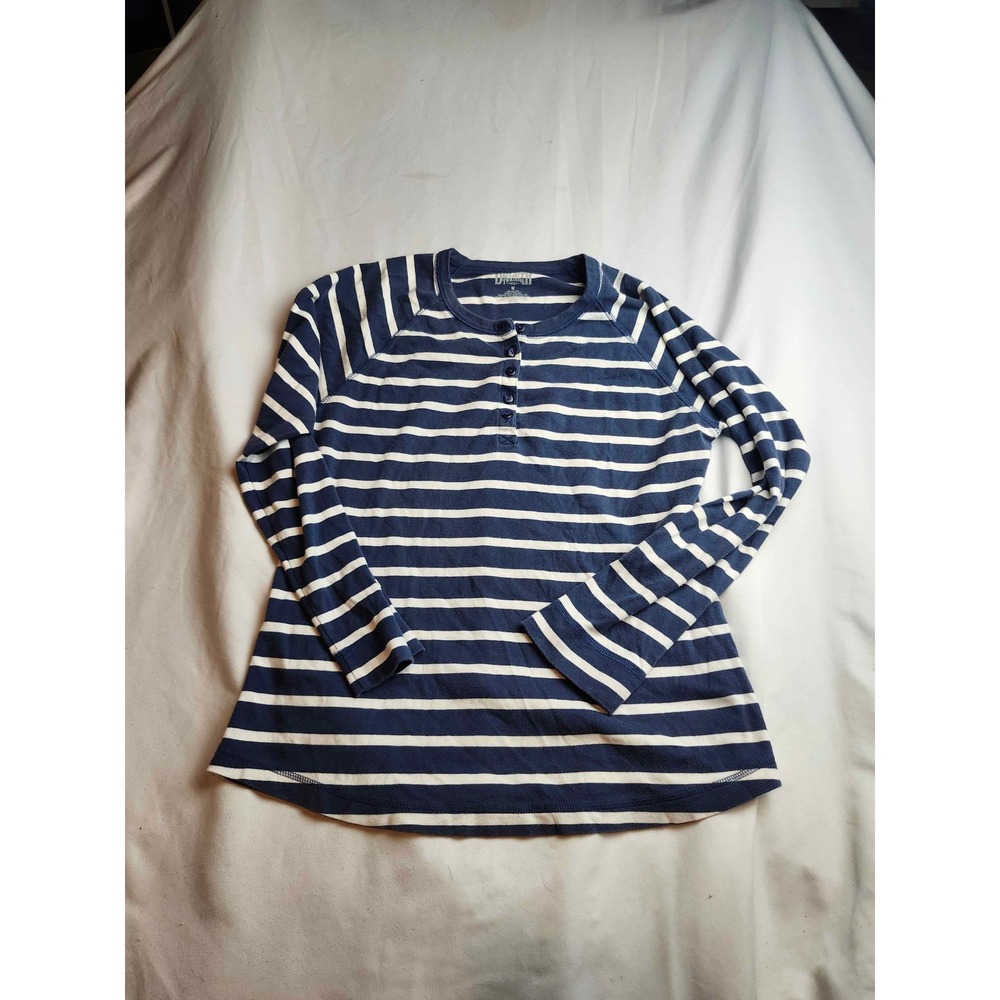 Duluth Trading Co Womens Navy Blue White Striped Cotton Henley Top Size M